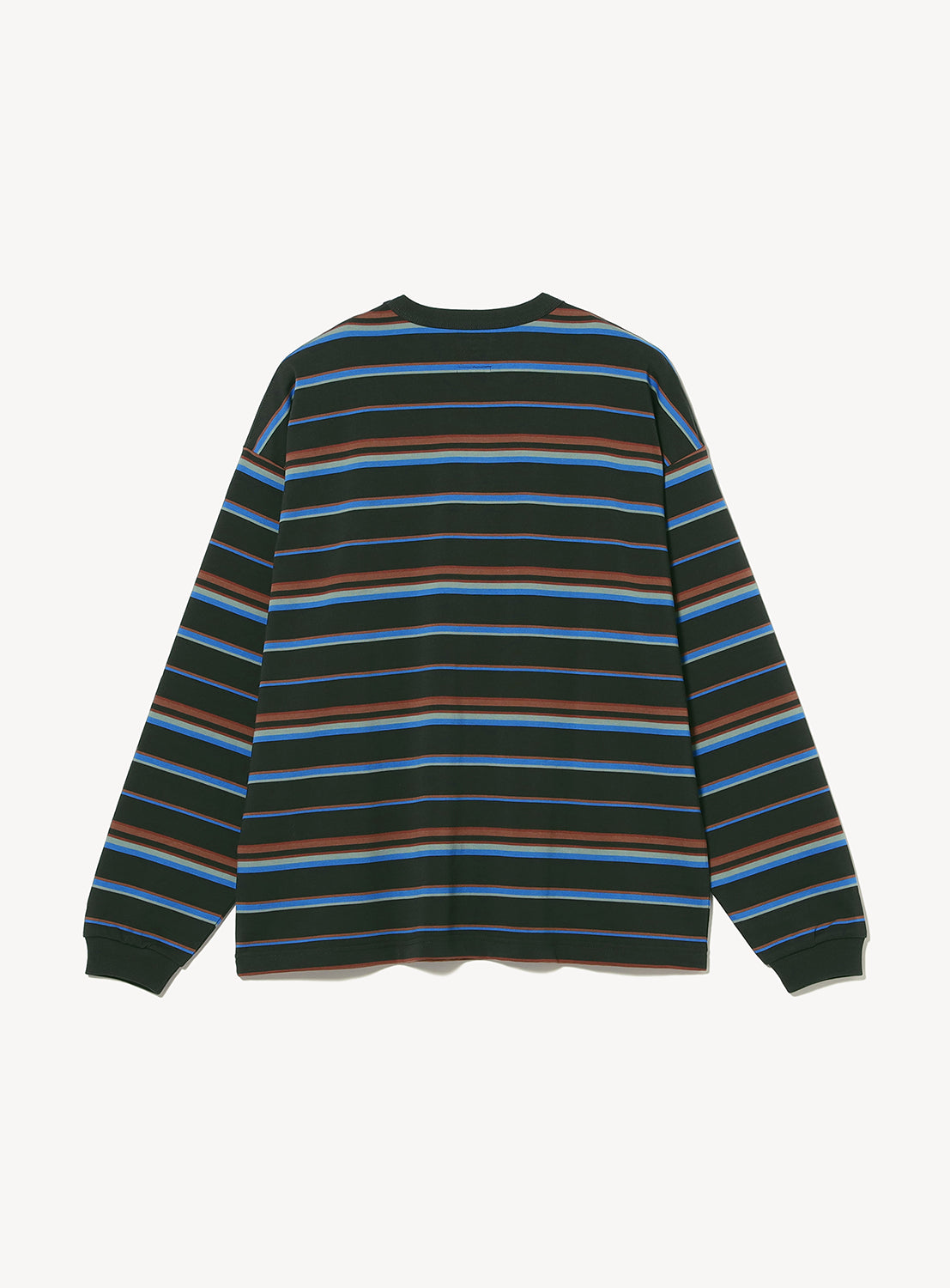Back view of the BEAMS Loose Fit Border Long Sleeve T-Shirt in a wide-fit style with dark green, brown, and blue horizontal stripes.