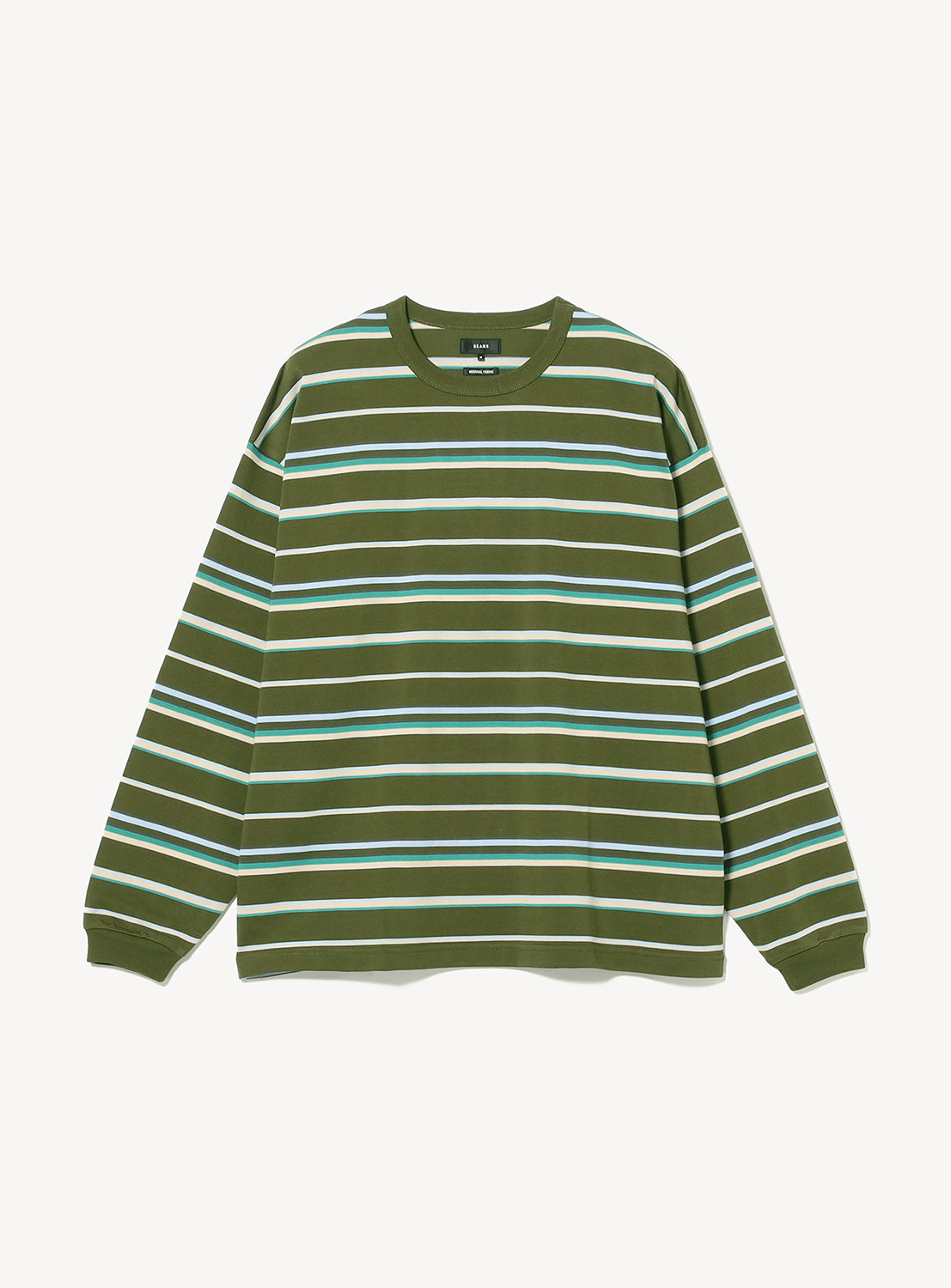 BEAMS Loose Fit Border Long Sleeve T-Shirt in olive green with a wide fit and horizontal stripes in white, light blue, and dark green.