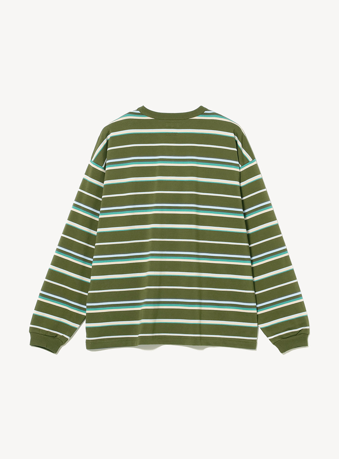 BEAMS Loose Fit Border Long Sleeve T-Shirt in a wide-fit, long-sleeve crewneck style featuring green, white, and light blue horizontal stripes.