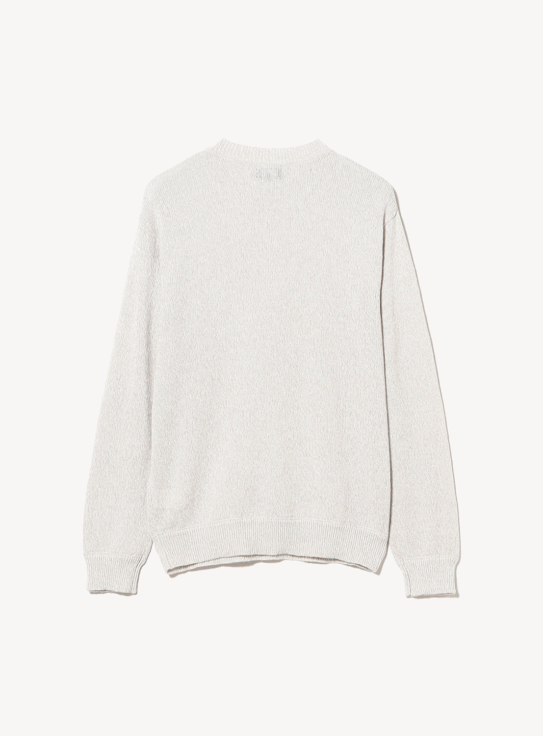 Back view of a BEAMS 7-Gauge Washi Crew Neck Knit, a long-sleeved sweater in a textured light-colored melange finish with a relaxed silhouette.