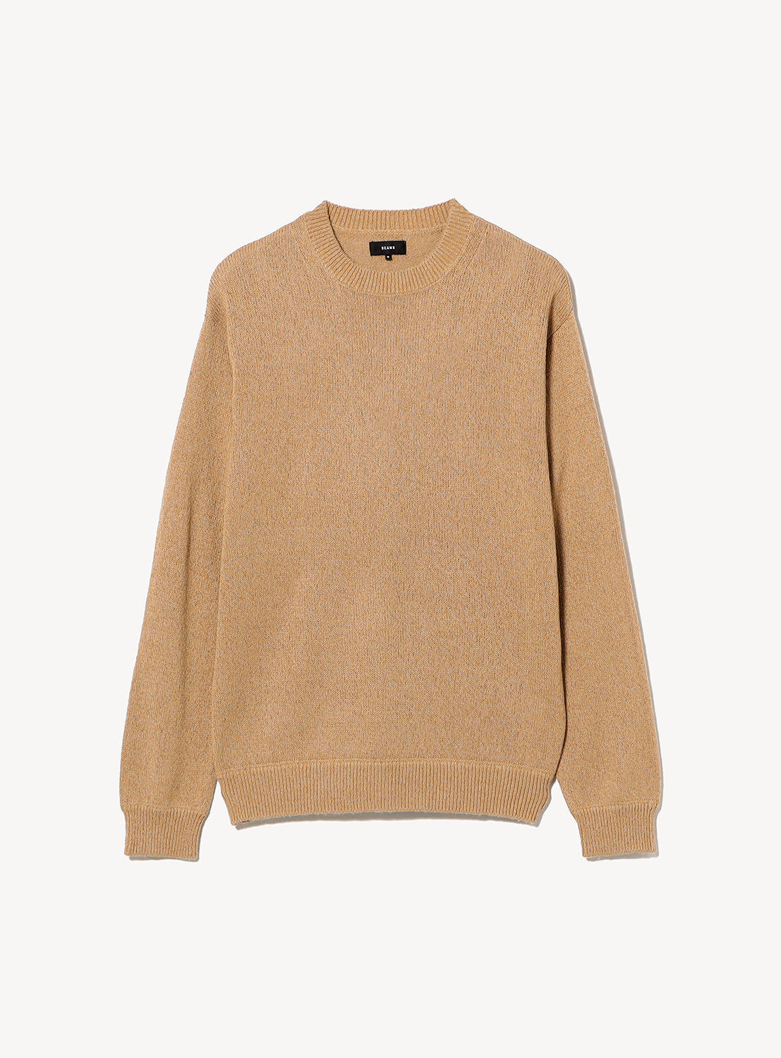 BEAMS 7-Gauge Washi Crew Neck Knit: a relaxed fit tan crewneck sweater with a melange finish, ribbed cuffs, and hem.