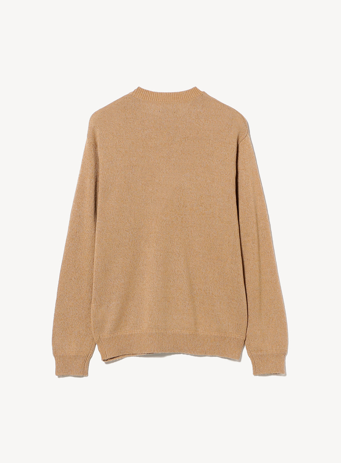 Back view of a tan 7-Gauge Washi Crew Neck Knit, a relaxed fit crewneck sweater with a melange finish, ribbed cuffs, and a ribbed hem.