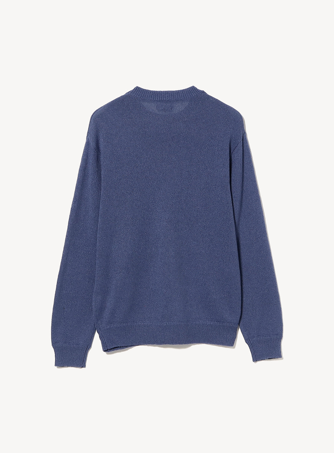 Back view of a blue 7-Gauge Washi Crew Neck Knit sweater with a relaxed silhouette and melange finish.