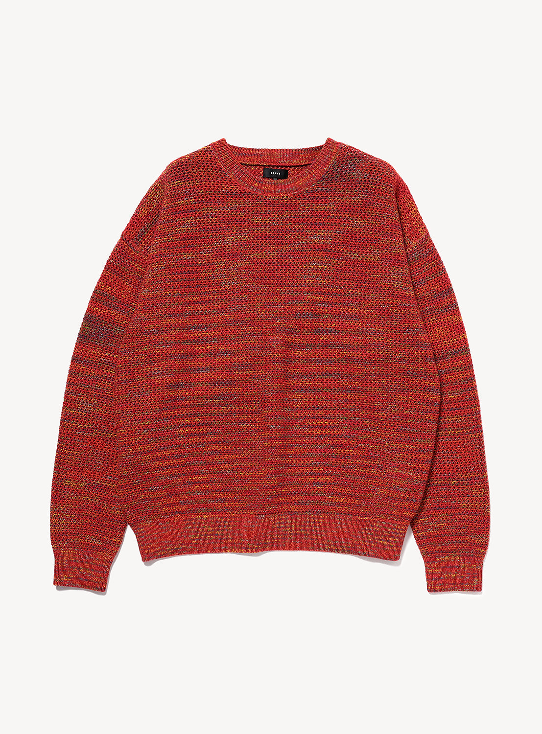 BEAMS 7-Gauge Mesh Crew Neck Top in a relaxed fit, red long-sleeve design featuring an open mesh knit with subtle multicolored flecks throughout.