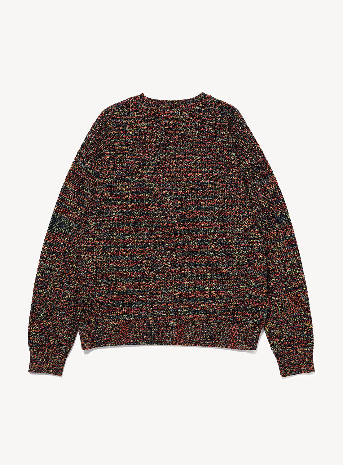 BEAMS 7-Gauge Mesh Crew Neck Top in a relaxed fit, long-sleeved silhouette featuring a dark, multicolored gradient mesh knit.