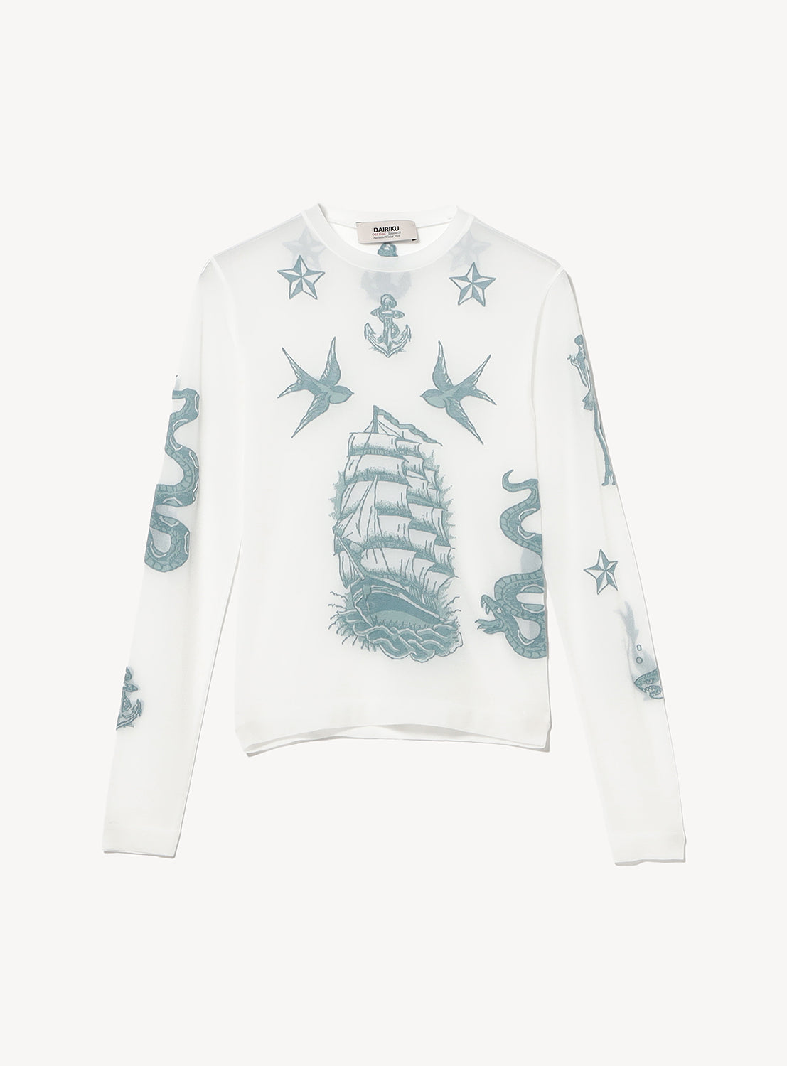 DAIRIKU Tattoo Second Skin Knit: a white long-sleeve top featuring blue printed designs of a sailing ship, swallows, anchors, stars, and snakes.