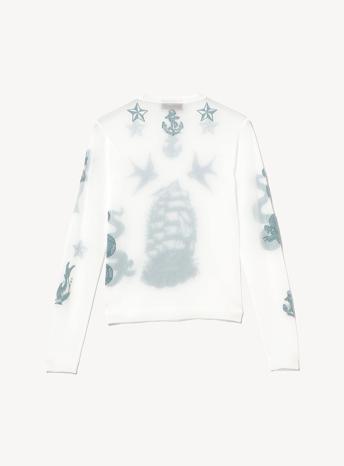 DAIRIKU Tattoo Second Skin Knit shirt in sheer white with long sleeves, featuring blue nautical tattoo-style prints of a ship, anchors, stars, and swallows.