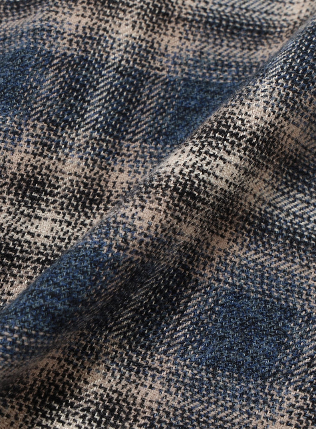 Close-up of the BEAMS Flannel Zip Open Collar Shirt featuring a soft, brushed blue, black, and beige check pattern fabric.