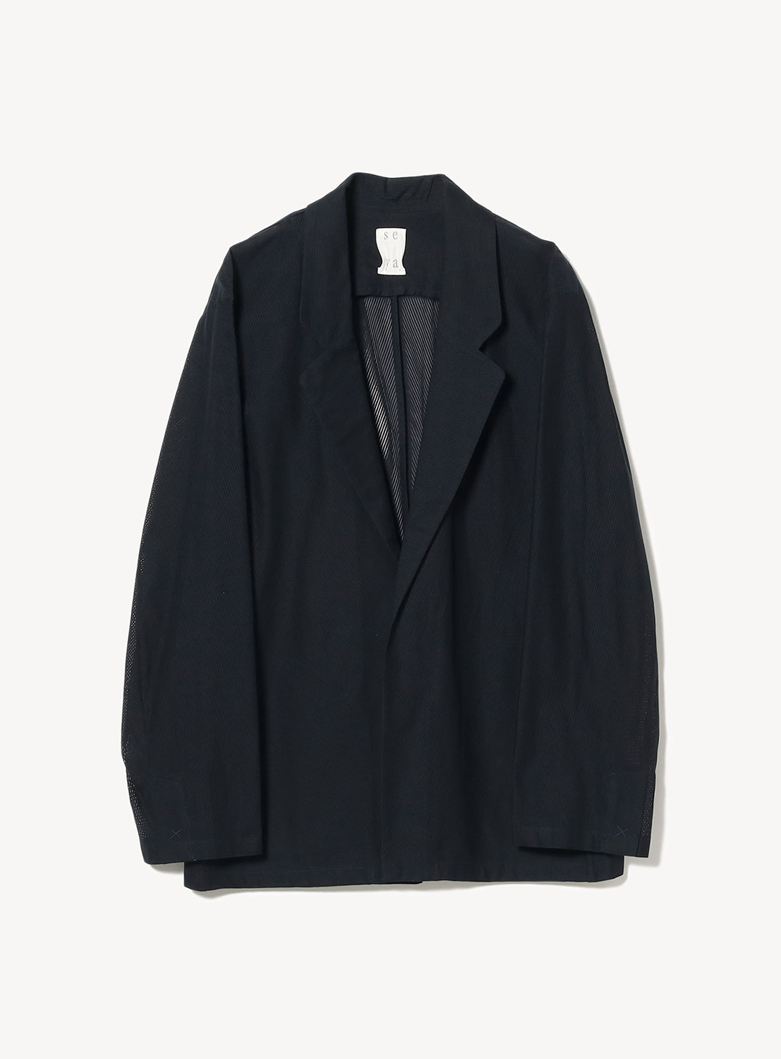 A dark navy blue, open-front blazer with wide lapels and a relaxed fit, laid flat.
