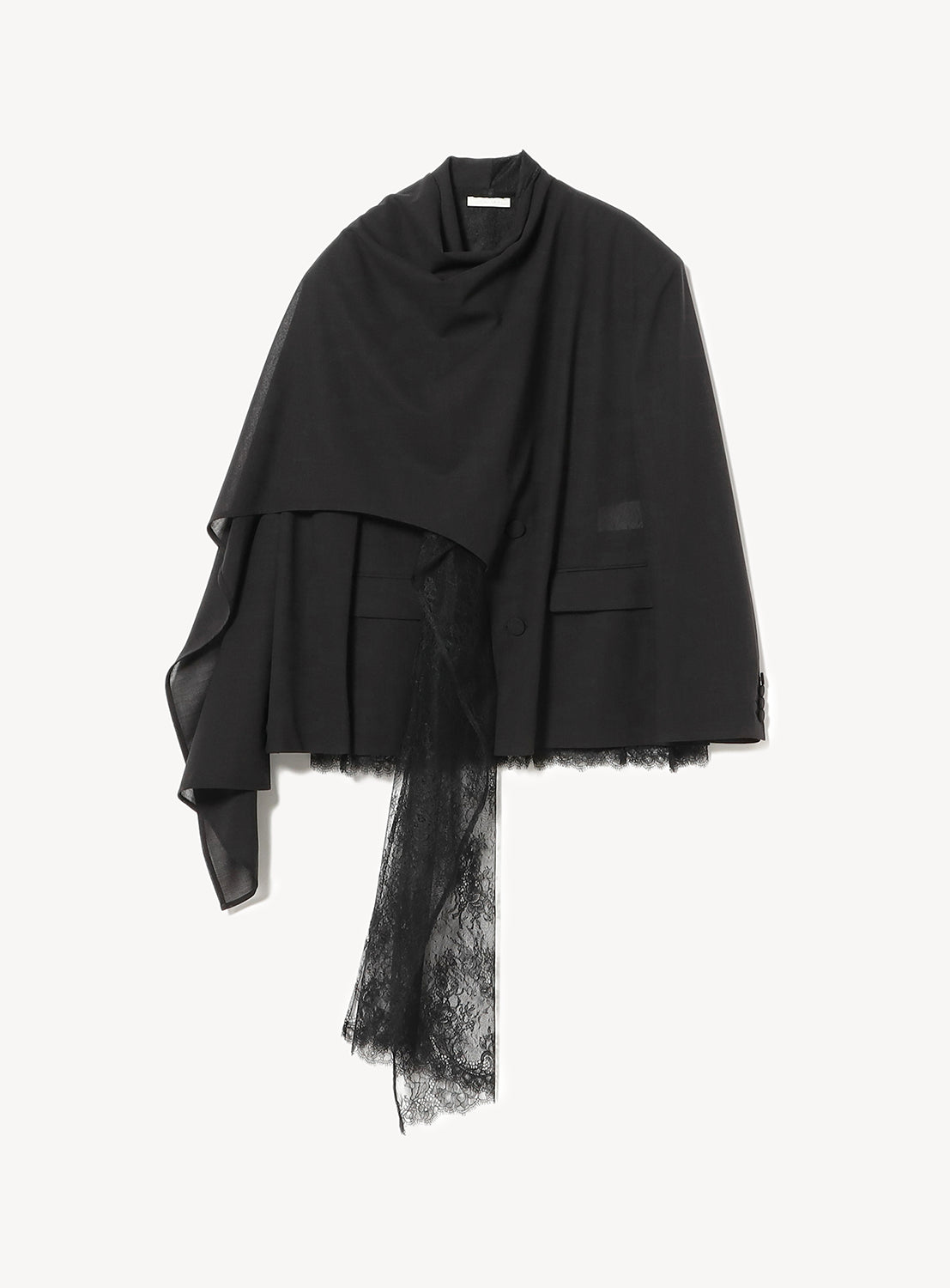 A black draped jacket or top with a layered design, featuring an asymmetrical hem and black lace trim extending downwards on one side.