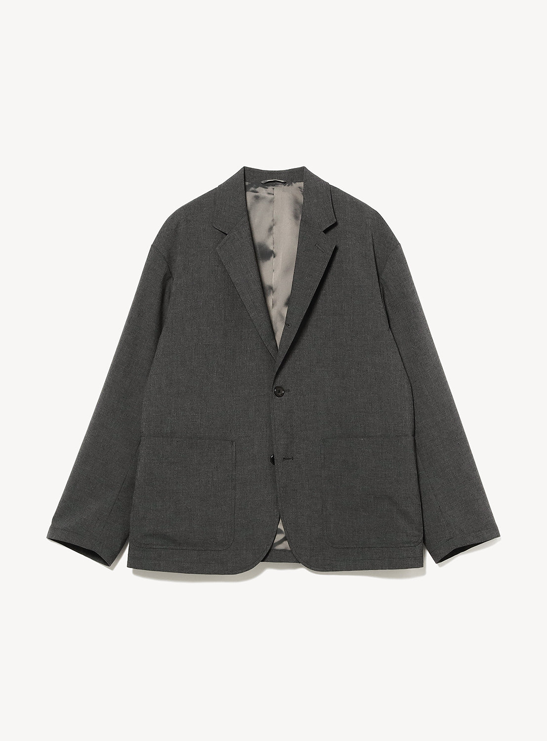BEAMS Renewool Jacket in charcoal gray, featuring a wrinkle-resistant polyester-wool blend, relaxed fit, notched lapels, two-button closure, and two large front patch pockets.