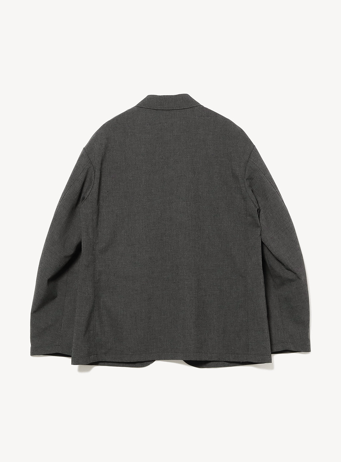 Back view of a charcoal grey, wrinkle-resistant, single-breasted BEAMS Renewool Jacket in a relaxed fit.