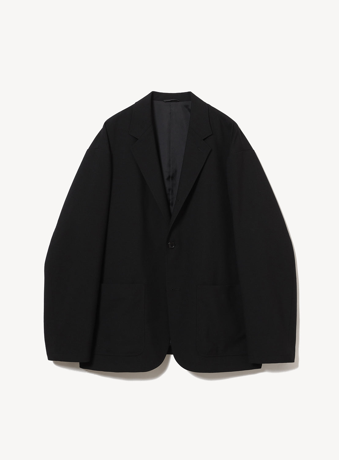 Relaxed-fit black single-breasted Renewool Jacket in a wrinkle-resistant blend, featuring two patch pockets and a notched lapel.