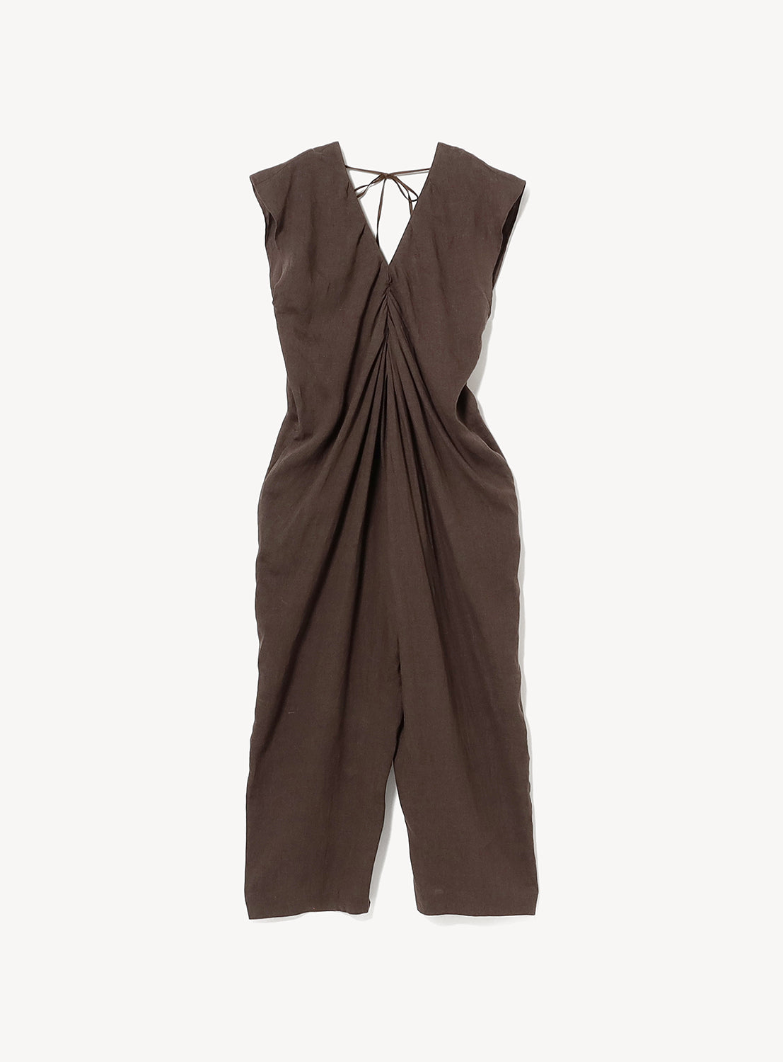 Introducing the Linen 2-Way All-in-One Jumpsuit by enrica: This chic brown jumpsuit features a sleeveless design, deep V-neck, gathered pleats at the front, wide legs, and a tie closure at the back neckline. Crafted from comfortable linen for effortless style, it is displayed flat on a white background.