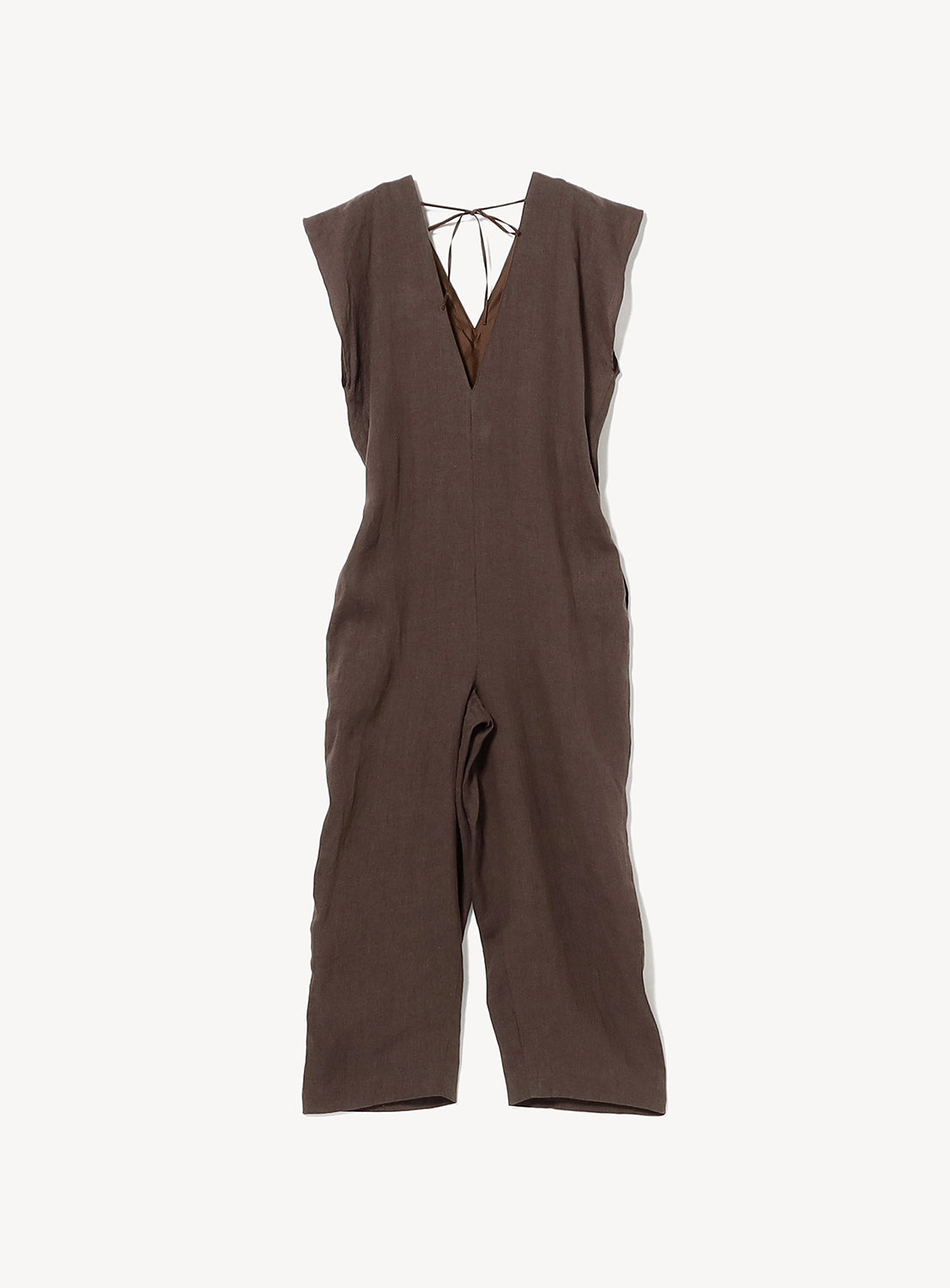 The enrica Linen 2-Way All-in-One Jumpsuit is a sleeveless brown linen piece with a deep V-neckline and wide legs, shown flat against a white background. The back is accented with tie straps at the neck for an extra touch of detail.