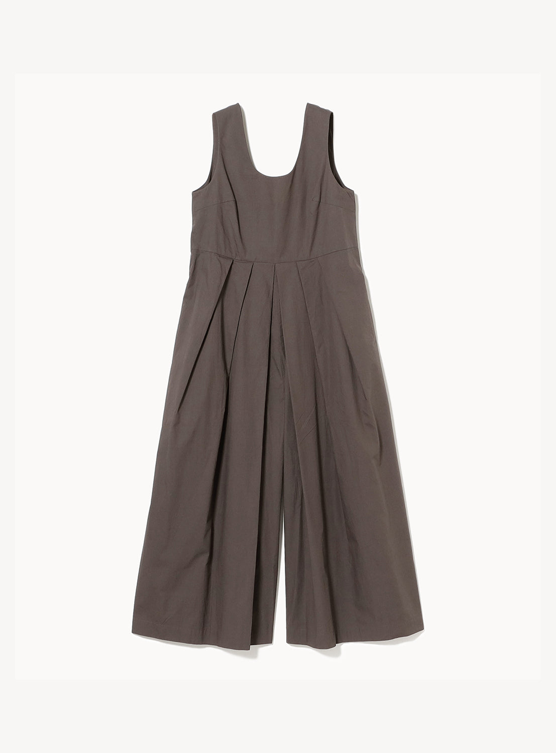 Brown sleeveless wide-leg jumpsuit with a scoop neck and pleated trousers on a white background.