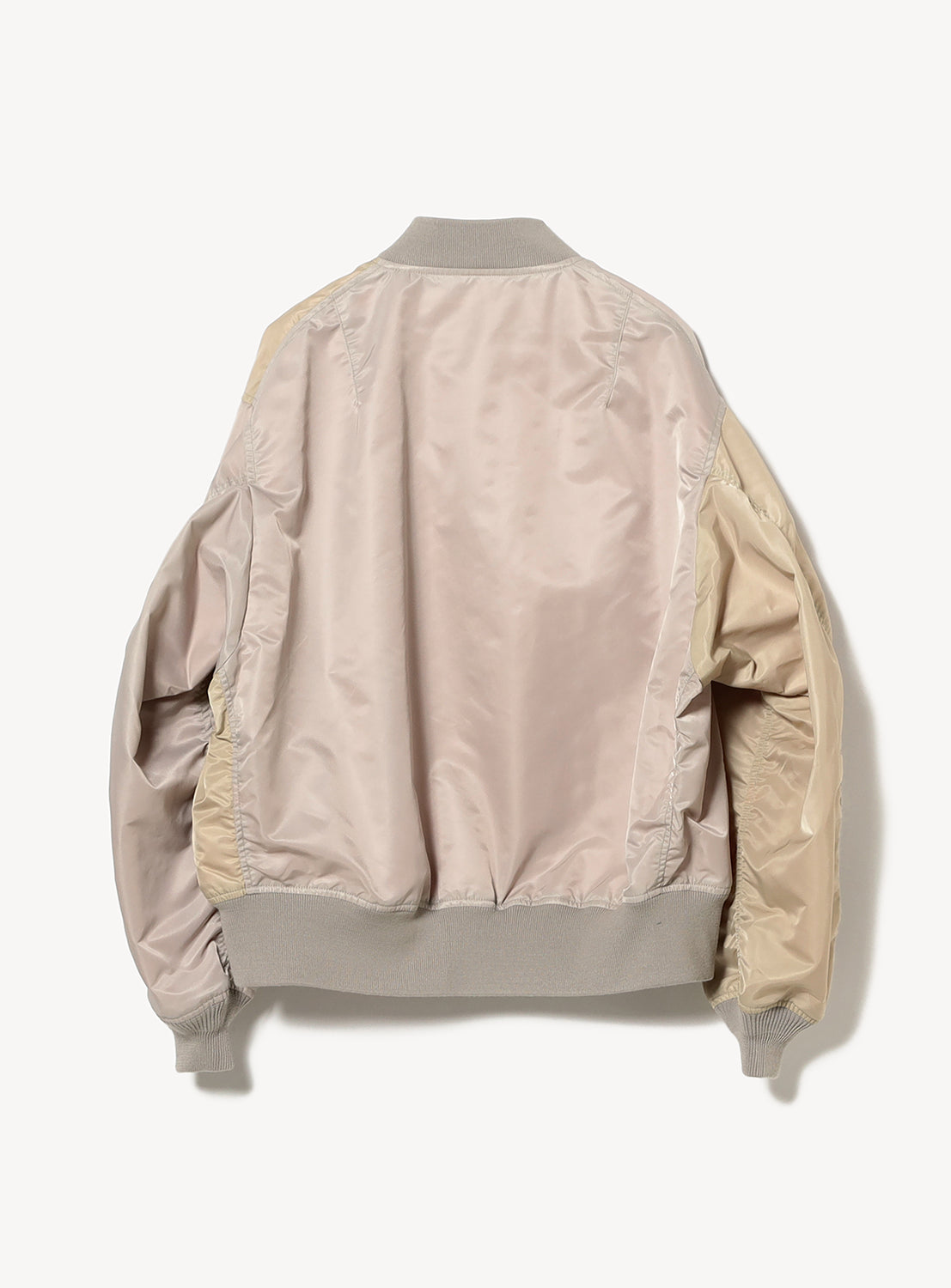 Overhead view of a taupe Water-Repellent Wide-Fit MA-1 Bomber Jacket, highlighting ribbed details and extended hem.