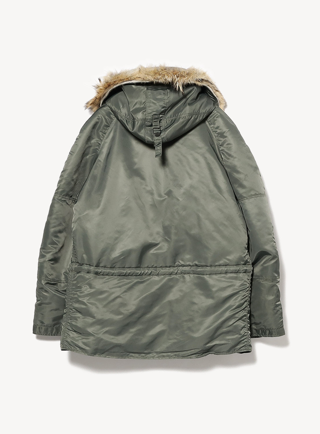 BUZZ RICKSON’s Type N-3B Coat in olive green, shown from the back and laid flat on a white background—this cold-weather parka jacket features a faux fur-trimmed hood and classic styling ideal for chilly days.
