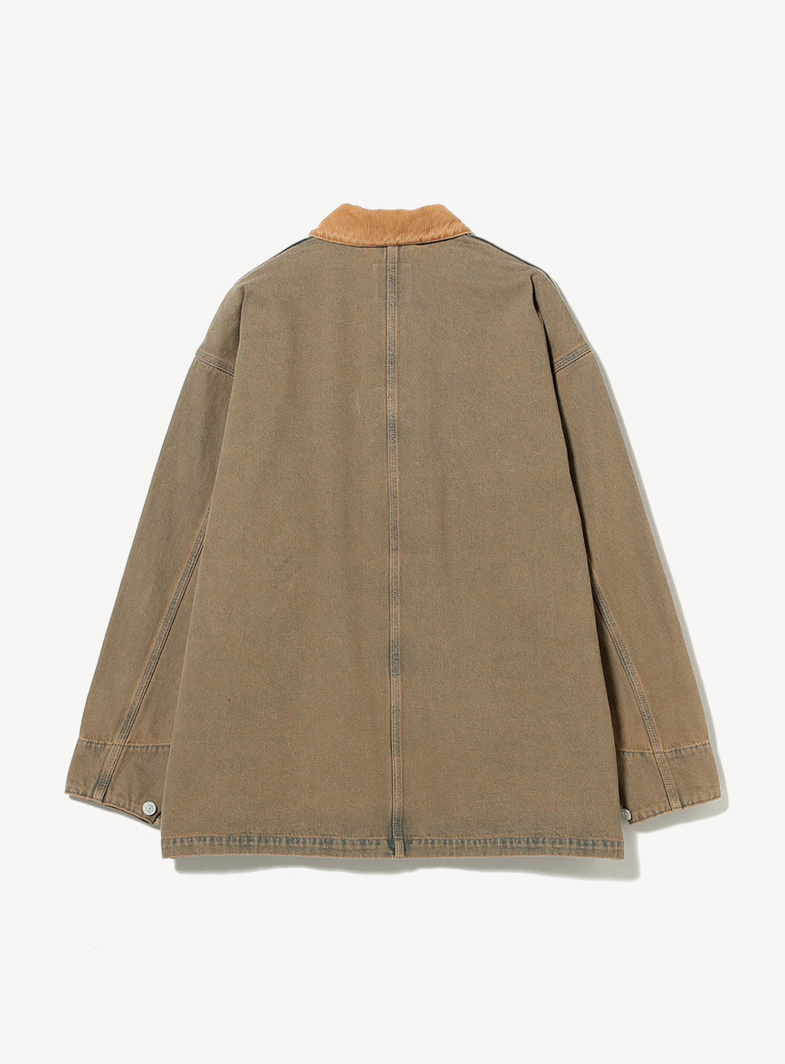 The BEAMS Faded Denim Relaxed Fit Coverall Jacket, inspired by vintage workwear, features a tan corduroy collar, long sleeves, and visible stitching. Shown from the back against a plain white background.