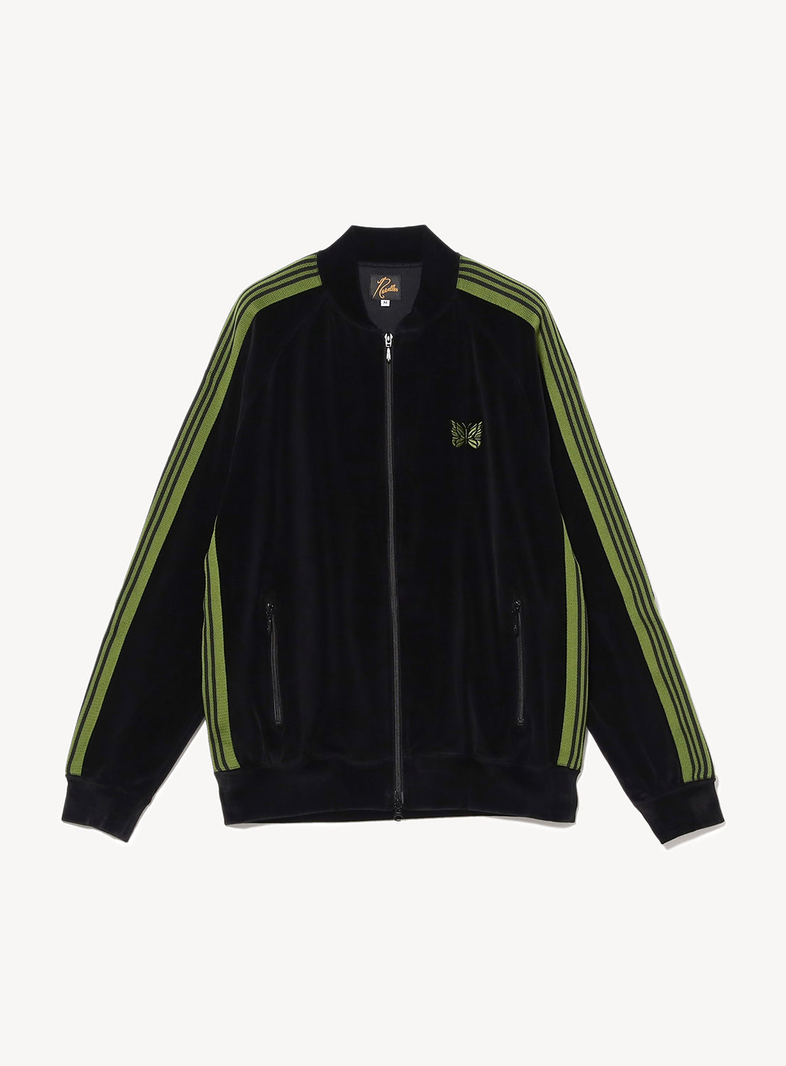 Black velour jacket with bright green stripes on the sleeves and side, with front zipper pockets and a green embroidered butterfly on the chest. 