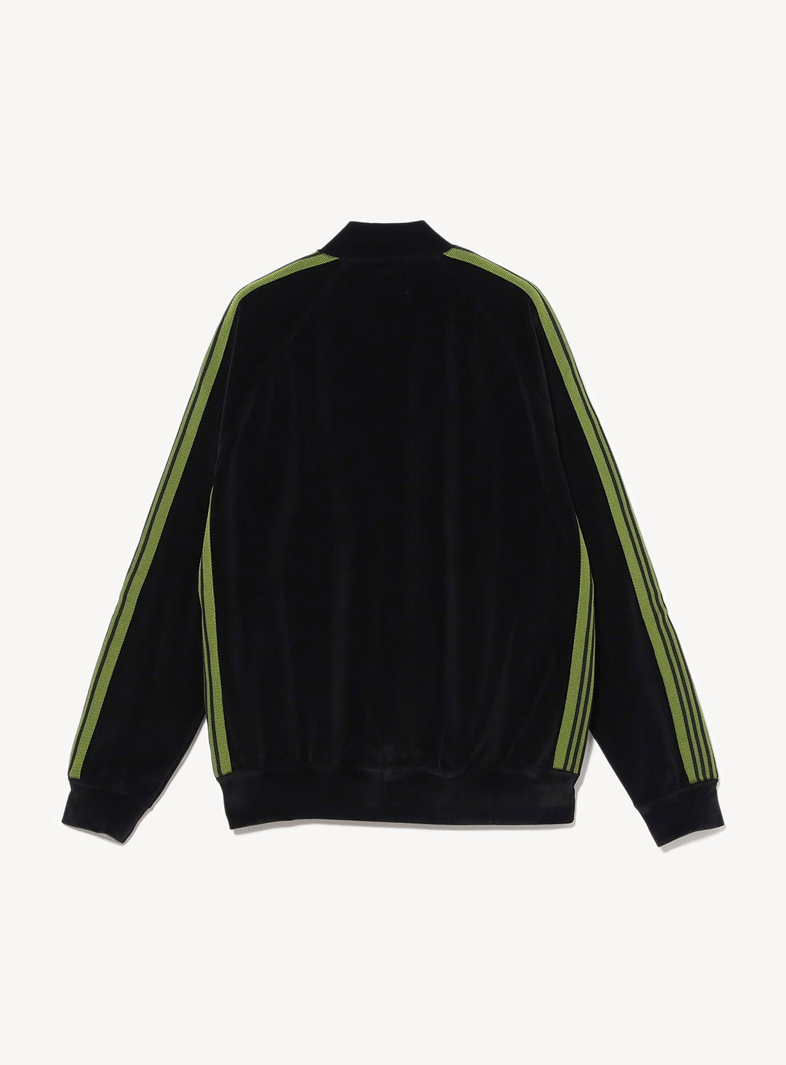 Back of a black velour jacket with bright green stripes on the sleeves and side.