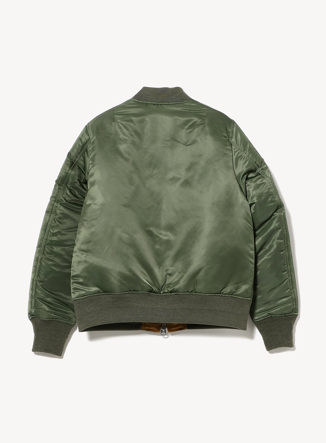The Bandana Embroidered Flight Jacket by NOMARHYTHM TEXTILE is shown from the back, highlighting ribbed cuffs, waistband, and collar, with a subtly shiny fabric on a plain white background.