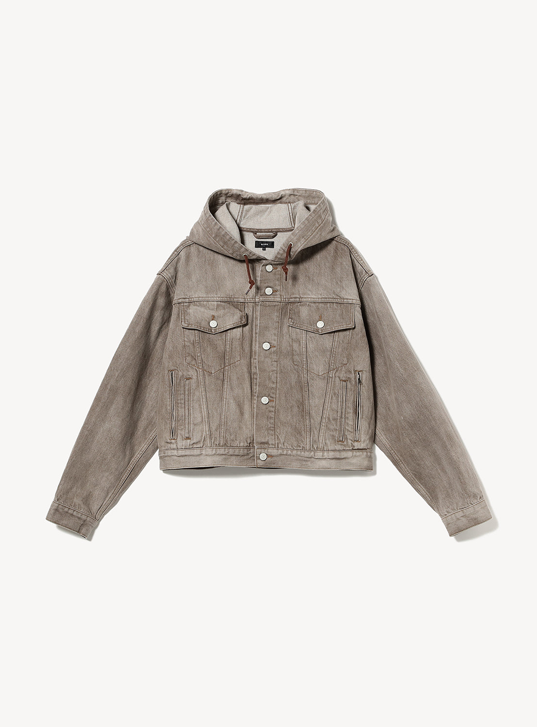 BEAMS Hooded Trucker Denim Jacket in taupe with a matching hood, faded finish, button-front closure, two chest pockets, and two side pockets.