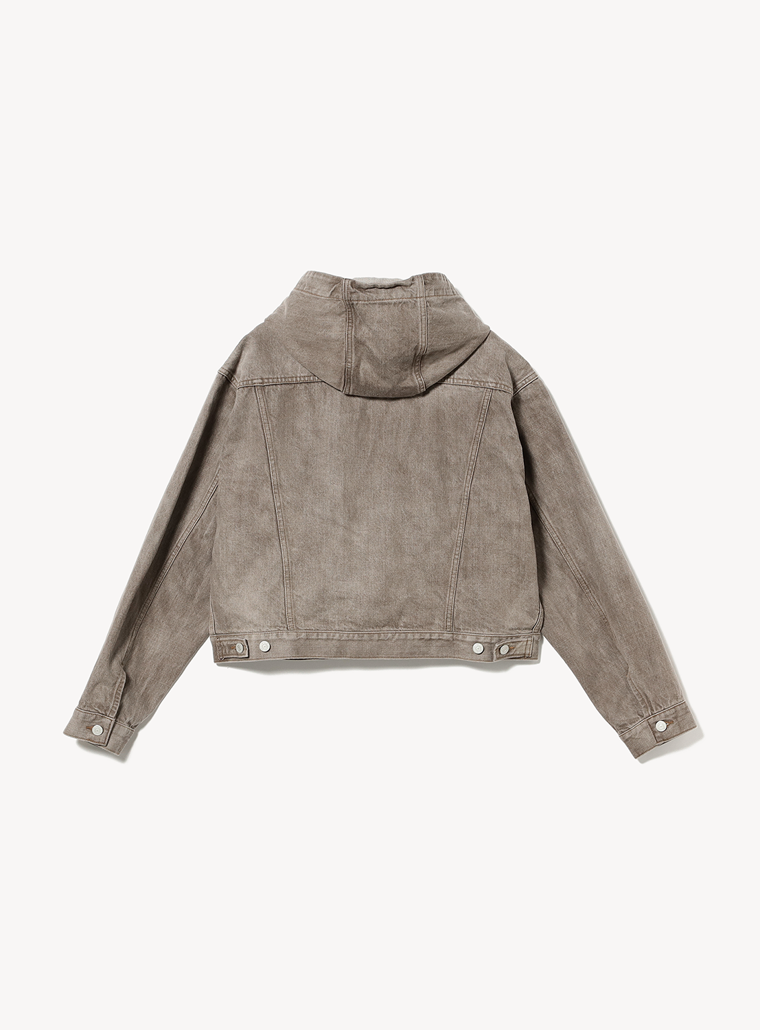 Back view of a taupe BEAMS Hooded Trucker Denim Jacket with a button-tab waistband and a faded finish.