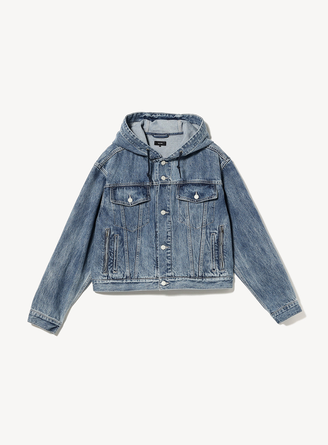 BEAMS Hooded Trucker Denim Jacket in cropped, medium-wash Japanese denim with an attached hood, button front, and two chest pockets.