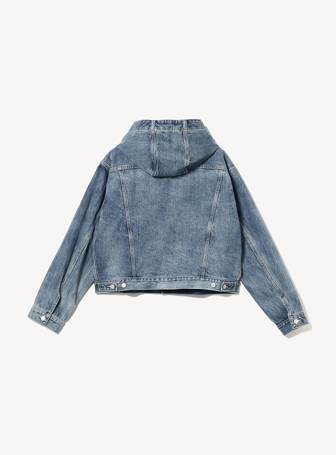 Back view of a cropped BEAMS Hooded Trucker Denim Jacket with a hood and buttoned cuffs.