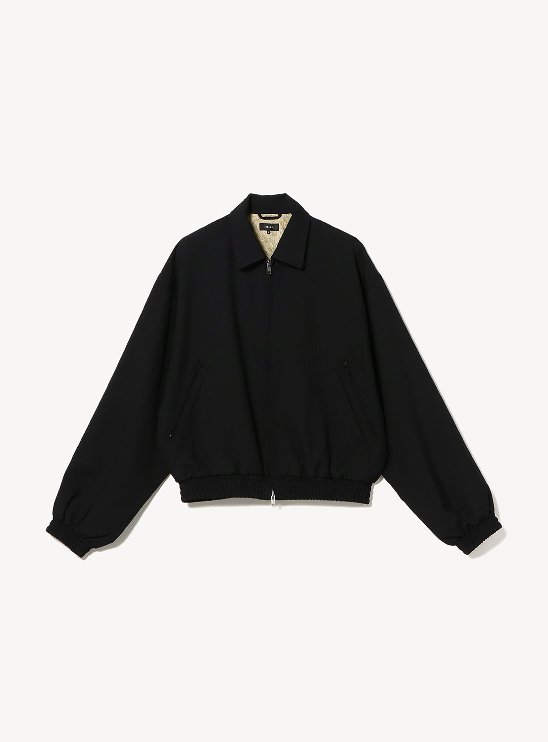 Black BEAMS Gabardine Zip Blouson in wool gabardine with a collar, slanted side pockets, and an elasticized hem and cuffs.