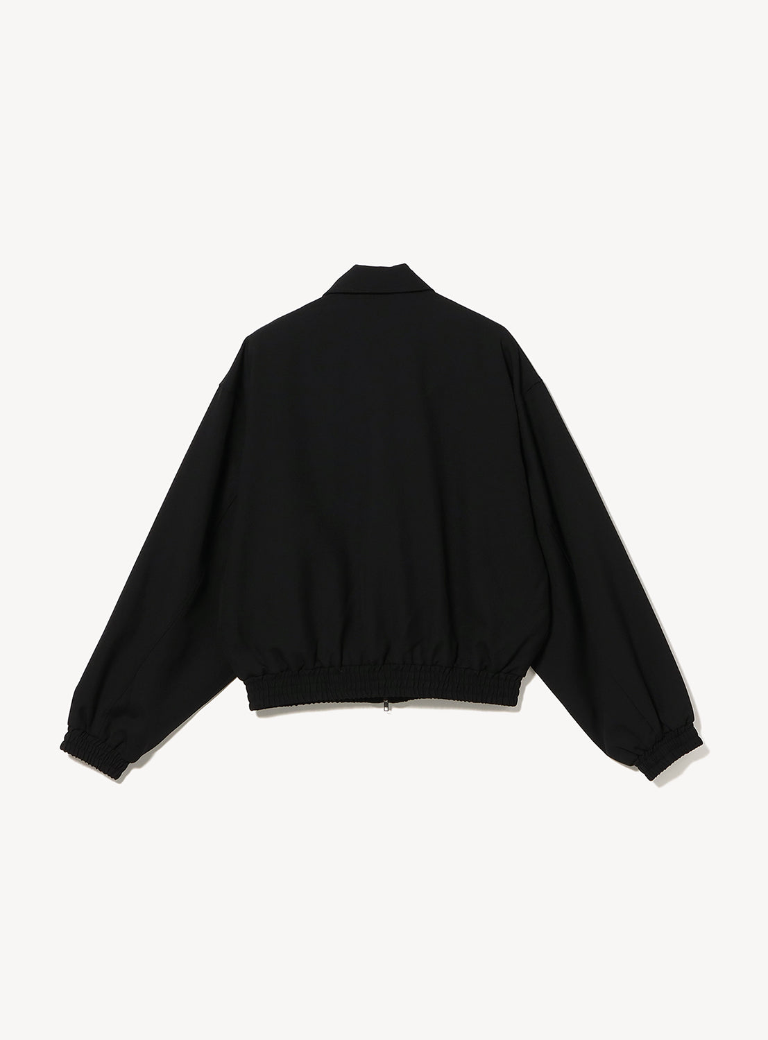 BEAMS Gabardine Zip Blouson in black wool with a collar, long sleeves, and a gathered elastic hem.