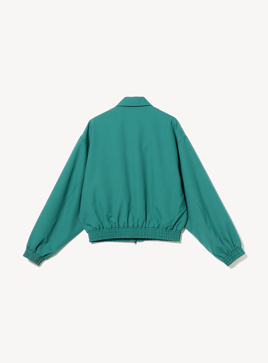 Back view of a BEAMS Gabardine Zip Blouson in teal wool, featuring a collared neckline and elasticated hem and cuffs.