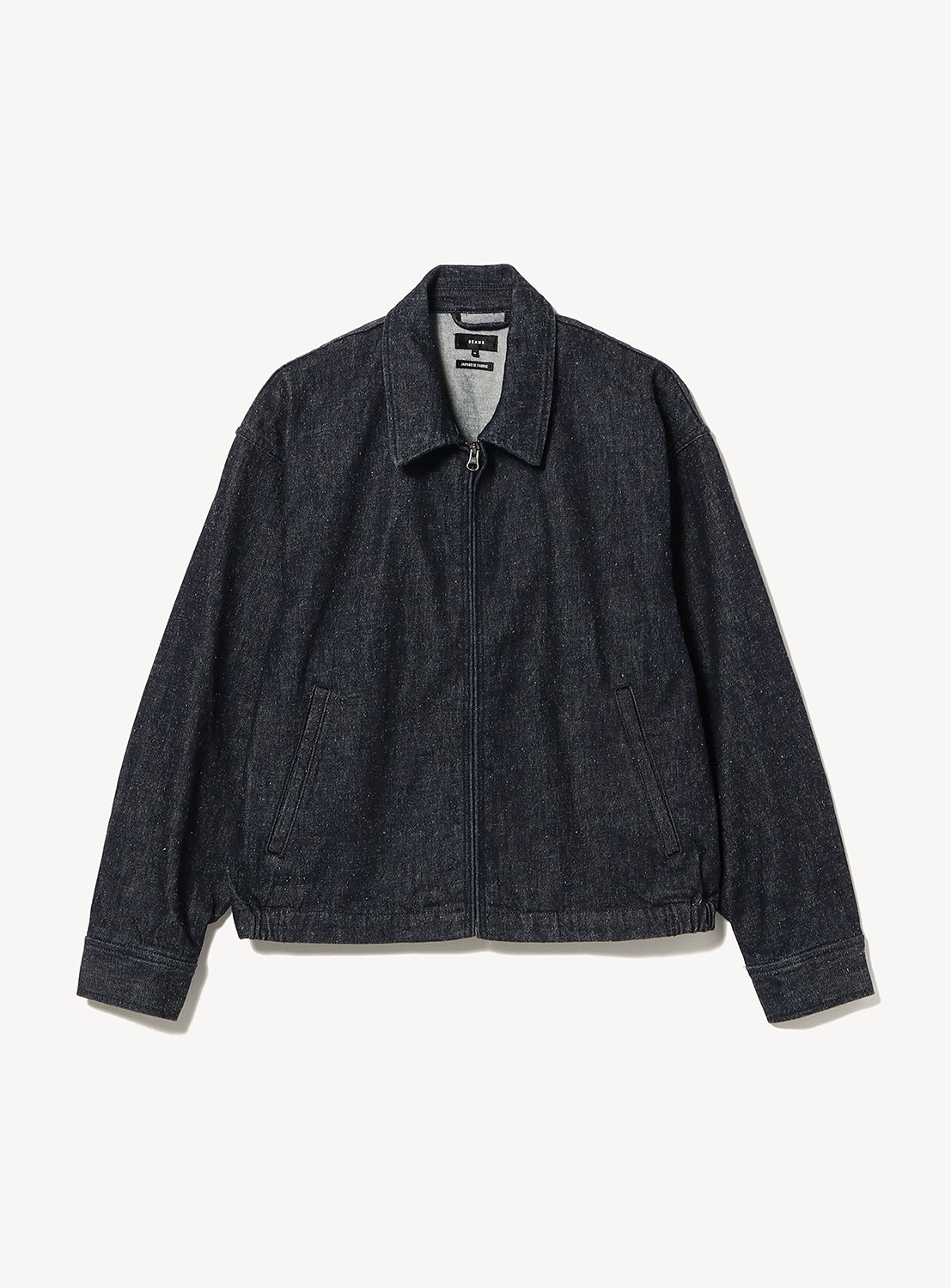 BEAMS Nep Denim Zip Jacket in dark blue nep denim with a collared neckline, zip-up front, and two side pockets in a wide fit.