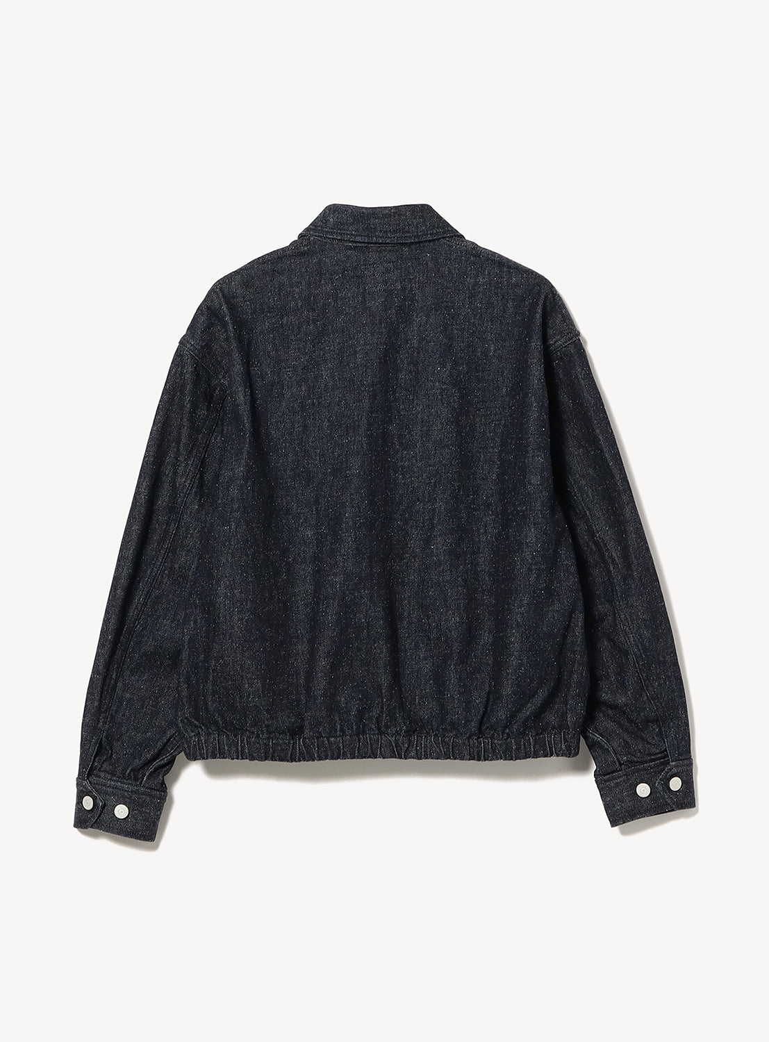 Back view of the BEAMS Nep Denim Zip Jacket, a wide-fit, dark wash denim jacket with a collared neckline and buttoned cuffs.