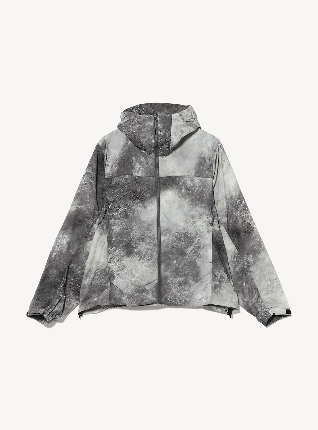 BEAMS Print Zip Hooded Jacket featuring a lightweight design with an all-over gray, cratered lunar surface print.