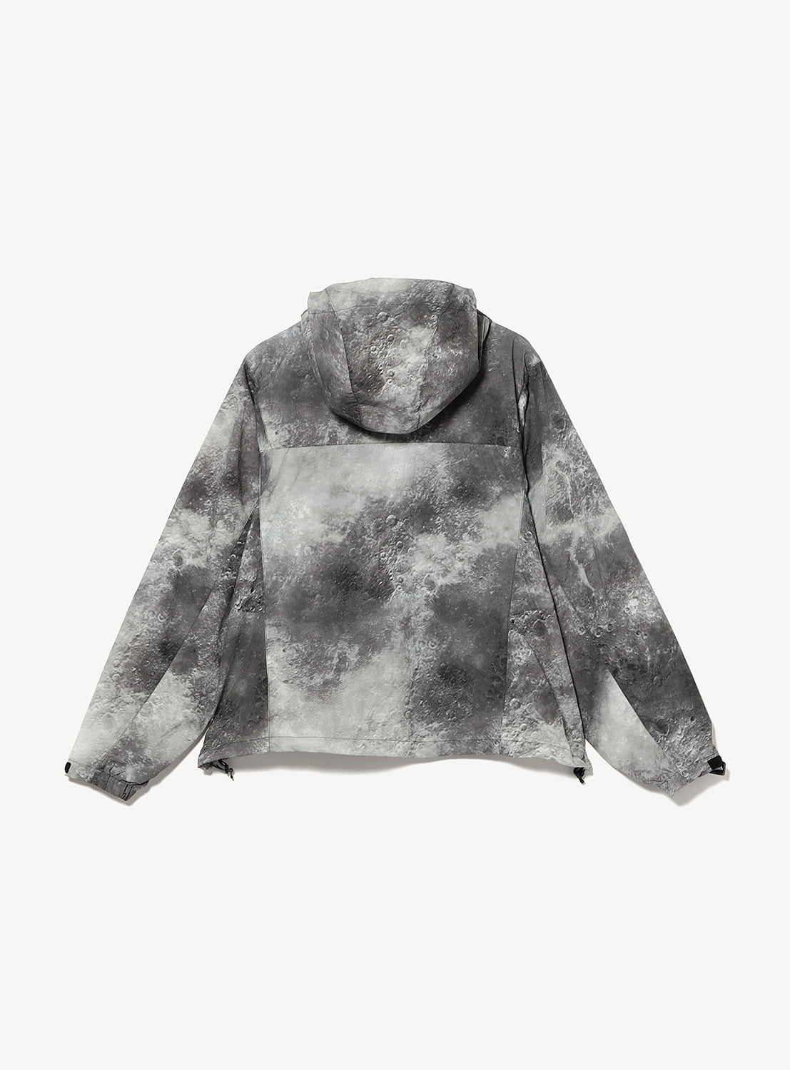 Back view of the BEAMS Print Zip Hooded Jacket, a lightweight zip-up hoodie featuring a gray and white lunar surface print.