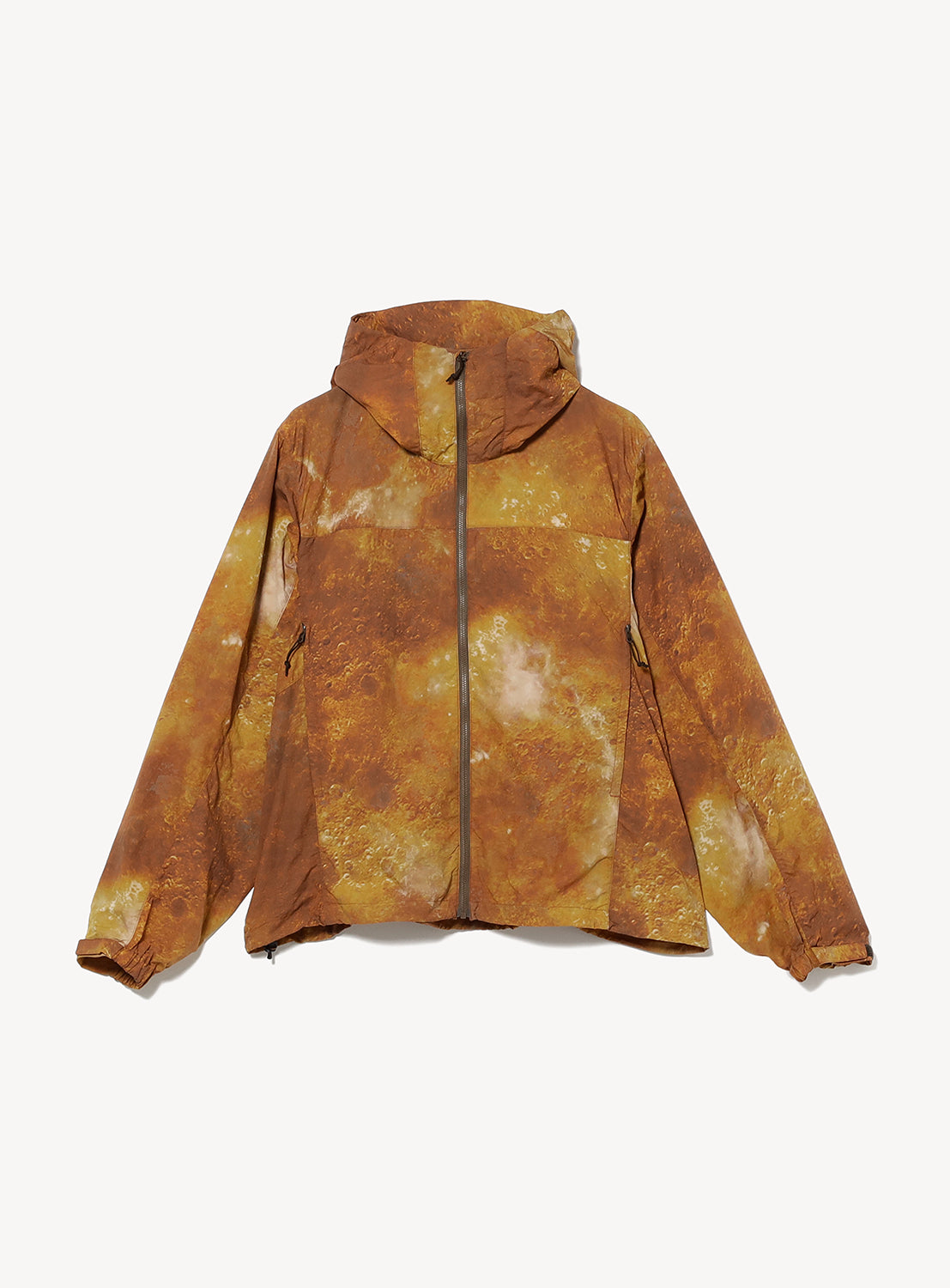BEAMS Print Zip Hooded Jacket, a lightweight, wide-fit zip-up hoodie featuring an orange and brown cratered planetary surface print.