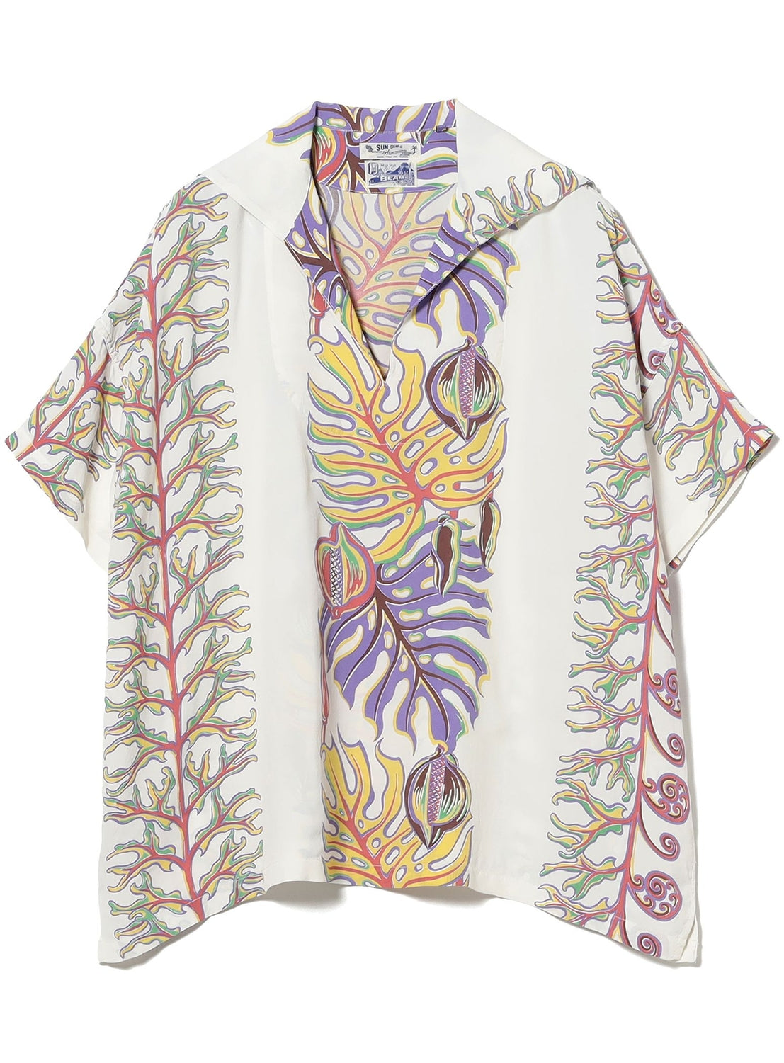 The [Exclusive] SUN SURF x BEAMS BOY Sailor Shirt by SUN SURF is a short-sleeve button-up with a white base and colorful Hawaiian and sea-themed prints in purple, yellow, green, and red.