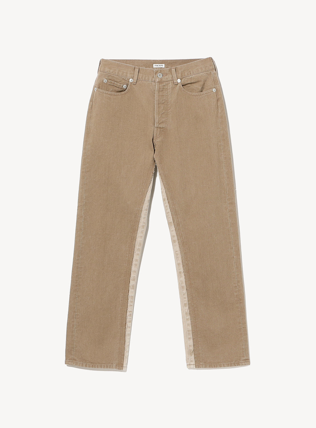 A pair of INSCRIRE Colored Denim Straight-Leg Pants in tan, crafted from colored denim with five pockets, silver rivets, and visible seam detailing along the sides, is laid flat on a white background.