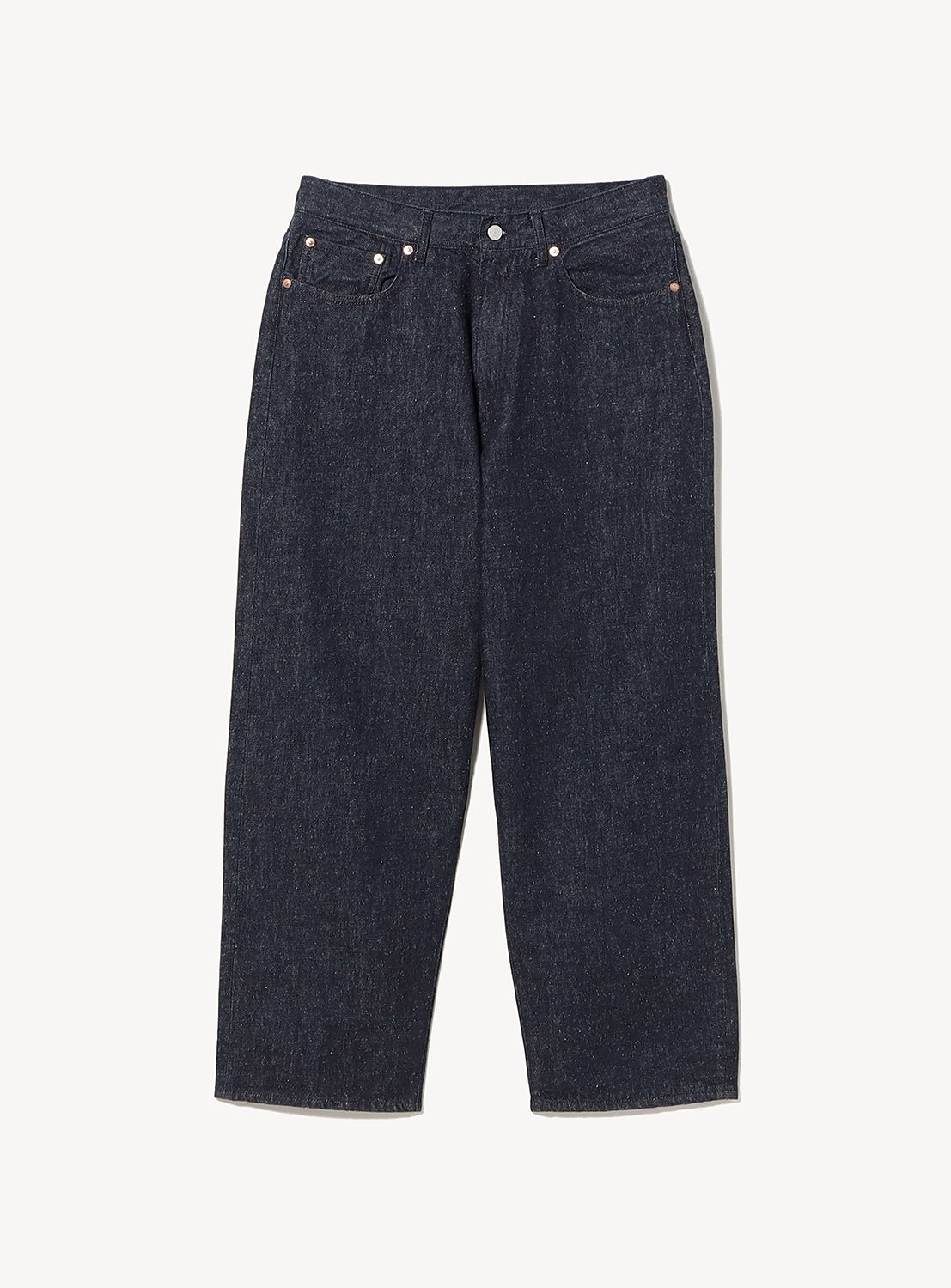 BEAMS Wide Fit Denim Pants in a vintage-inspired dark wash with a wide-leg fit, front pockets, copper-toned rivets, and an adjustable waist drawstring.
