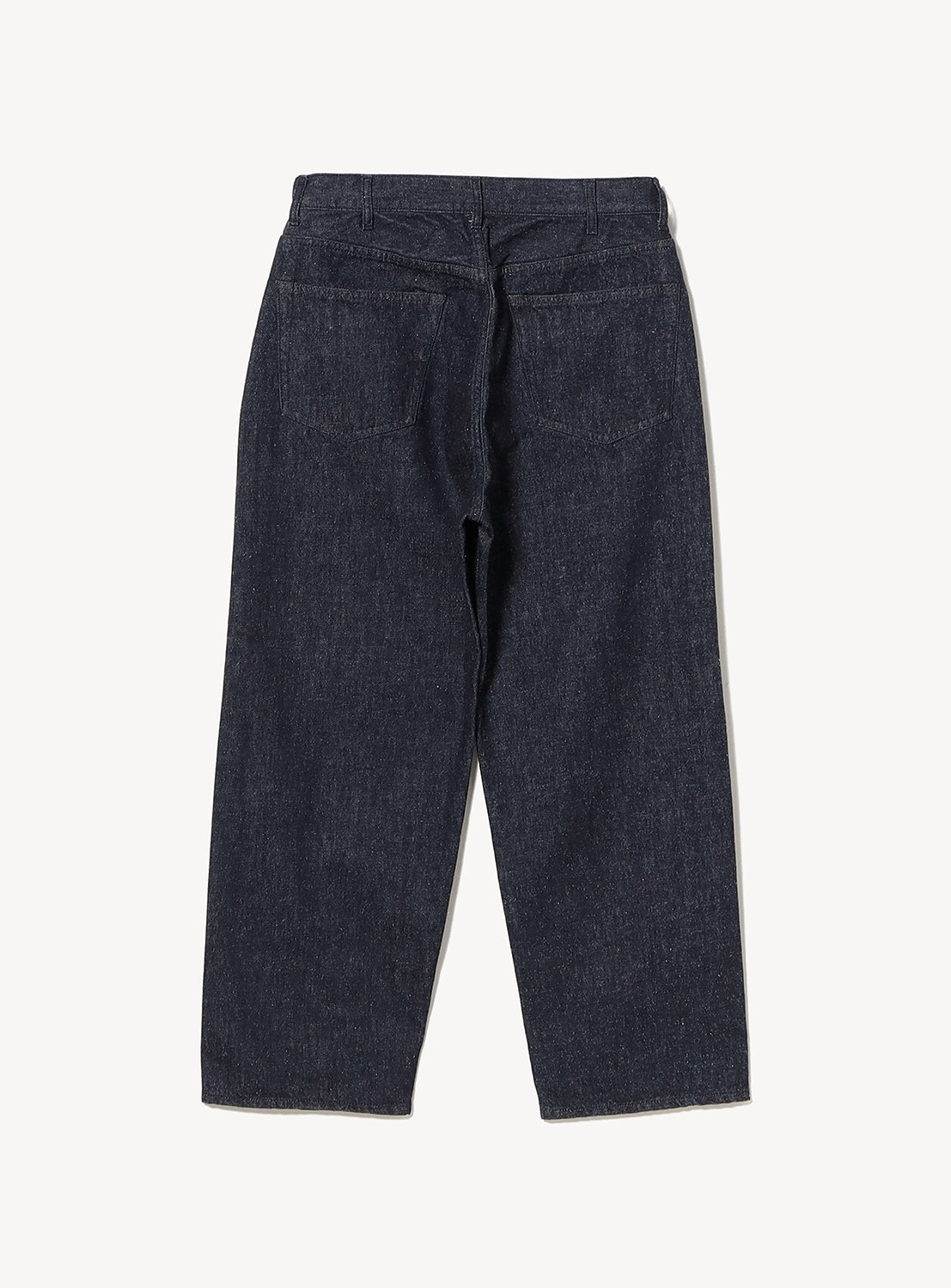 Back view of BEAMS Wide Fit Denim Pants, featuring a vintage-inspired wide-leg dark wash, an adjustable waist drawstring, and two back pockets.