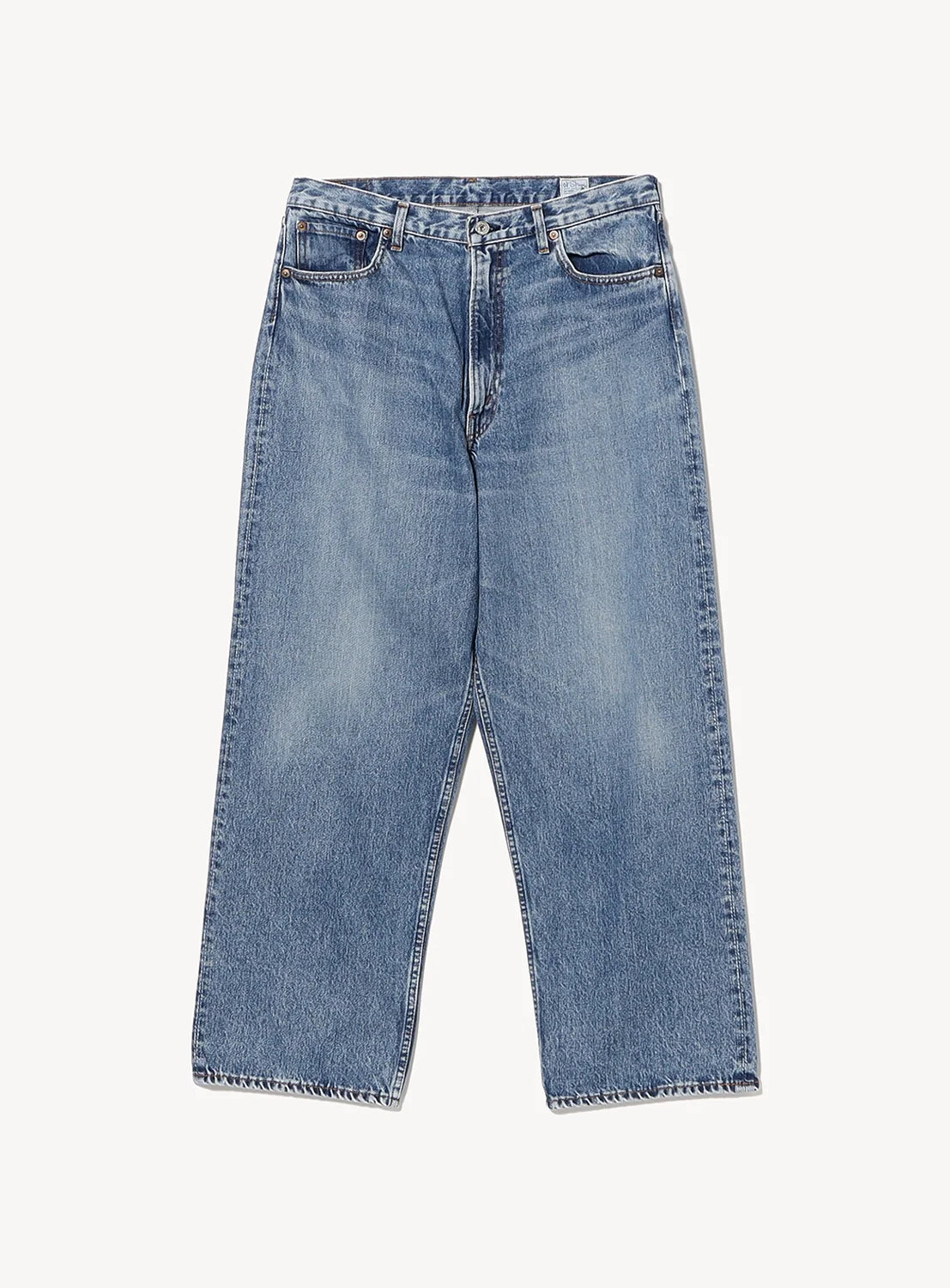 A pair of blue, straight-leg denim jeans with a button and zip fly, five pockets, and light fading on the thighs, laid flat on a white background.