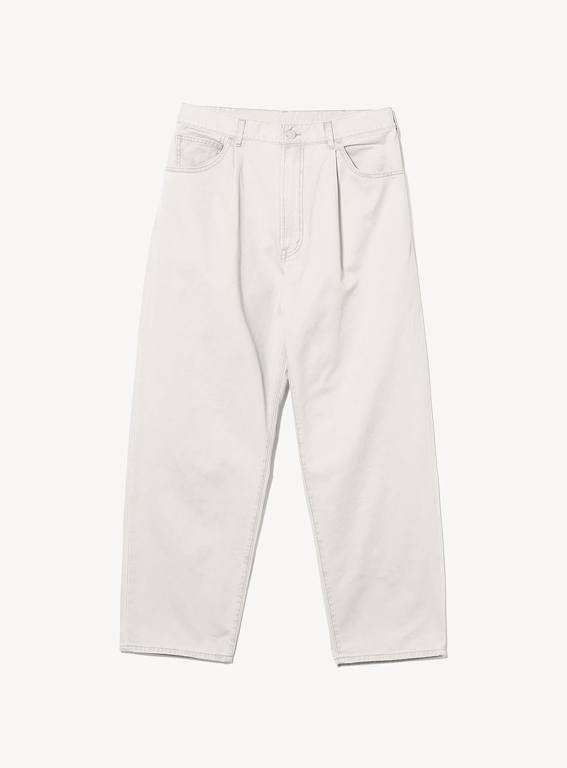 Light gray vintage-inspired Wide Tapered Twill Pants featuring a wide-leg pleated design with a button fly and five pockets.