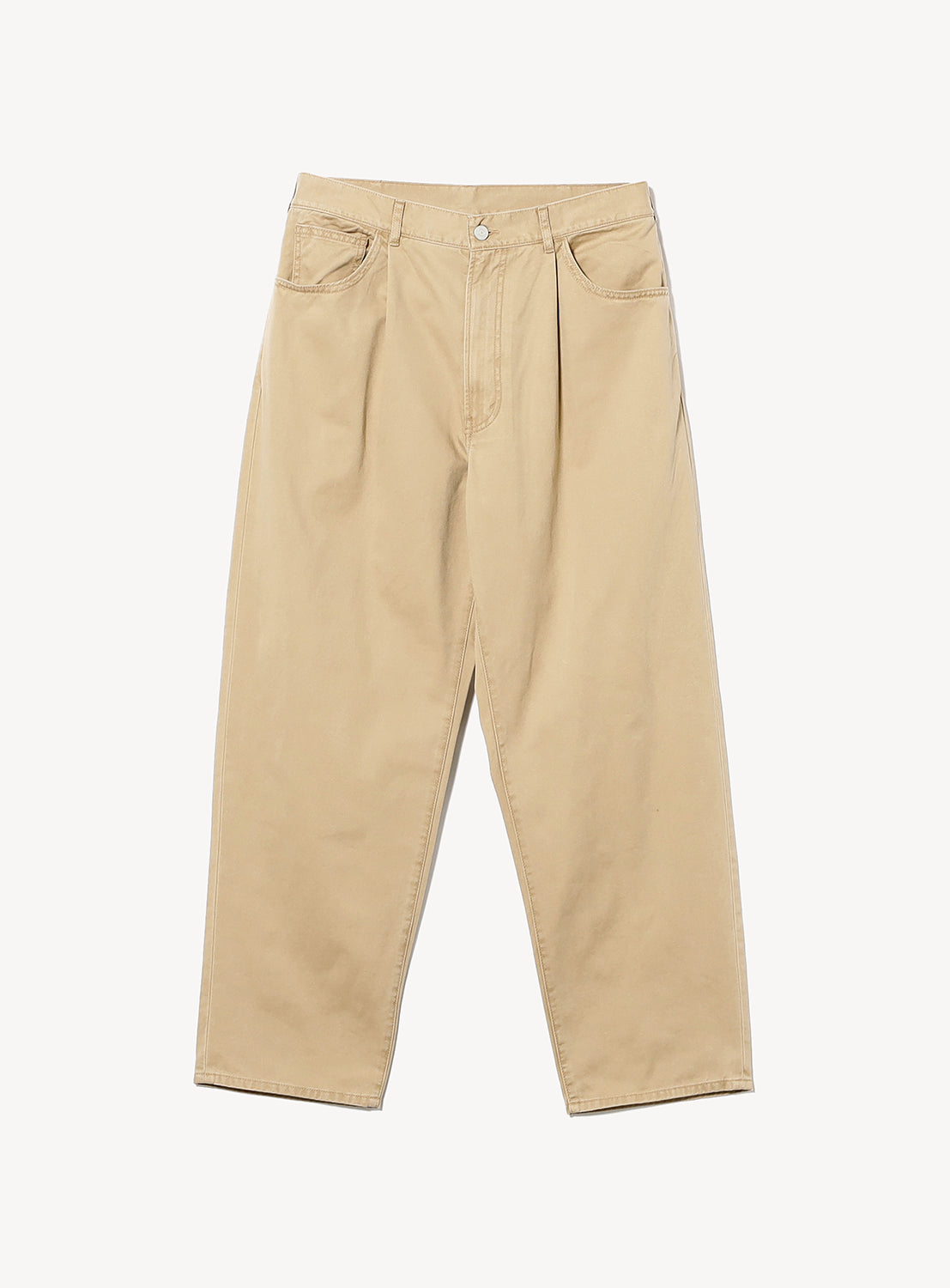 BEAMS Wide Tapered Twill Pants in tan cotton, featuring a pleated design, wide tapered leg, and button fly closure.