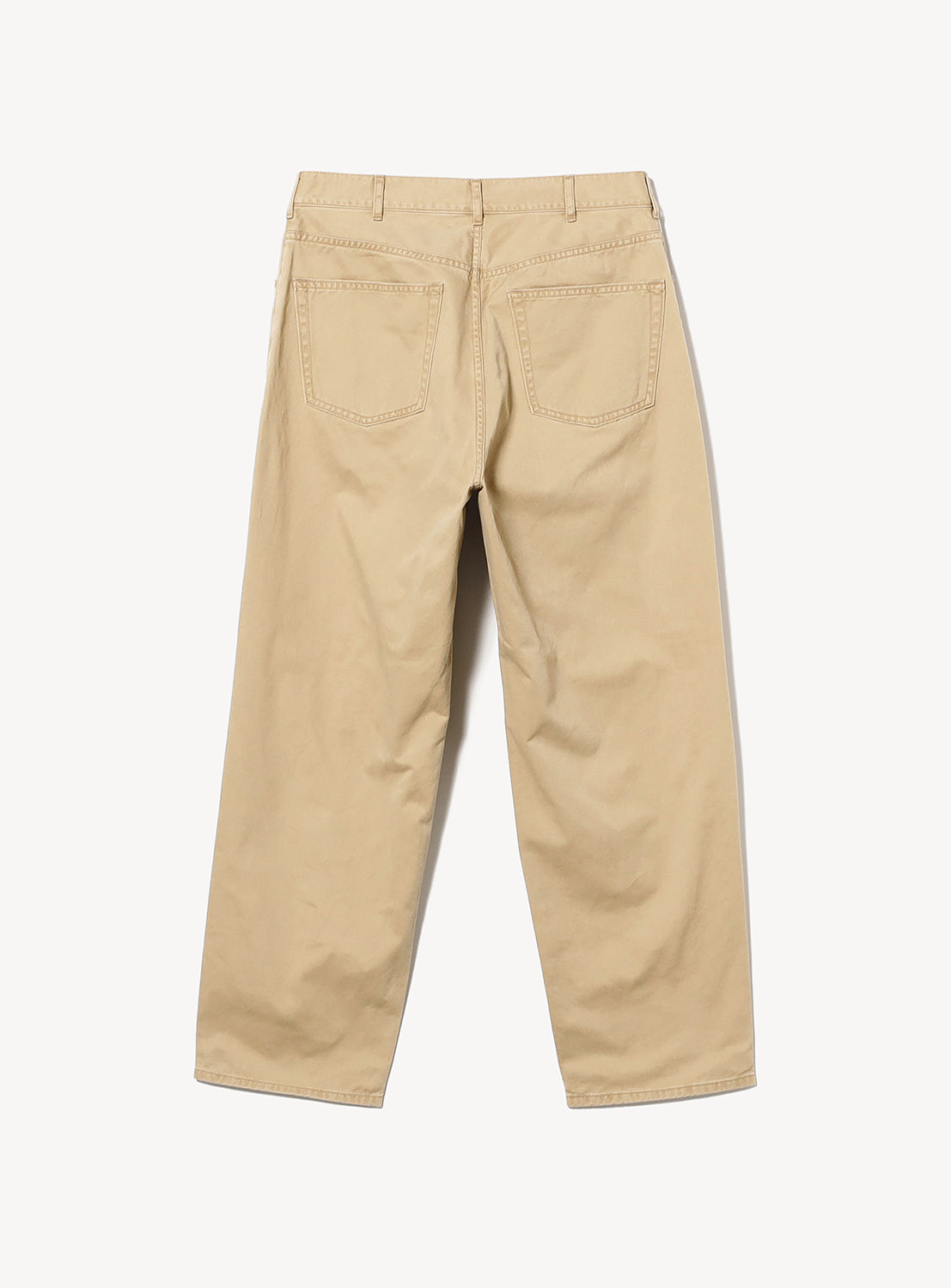 Back view of BEAMS Wide Tapered Twill Pants in beige cotton, featuring a wide-leg cut, two rear pockets, and a waistband with belt loops.