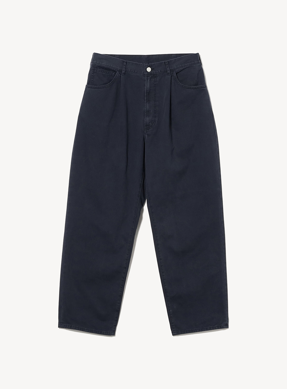 BEAMS Wide Tapered Twill Pants in dark navy cotton twill, featuring a high-waisted pleated design with a wide, tapered leg and a button fly.