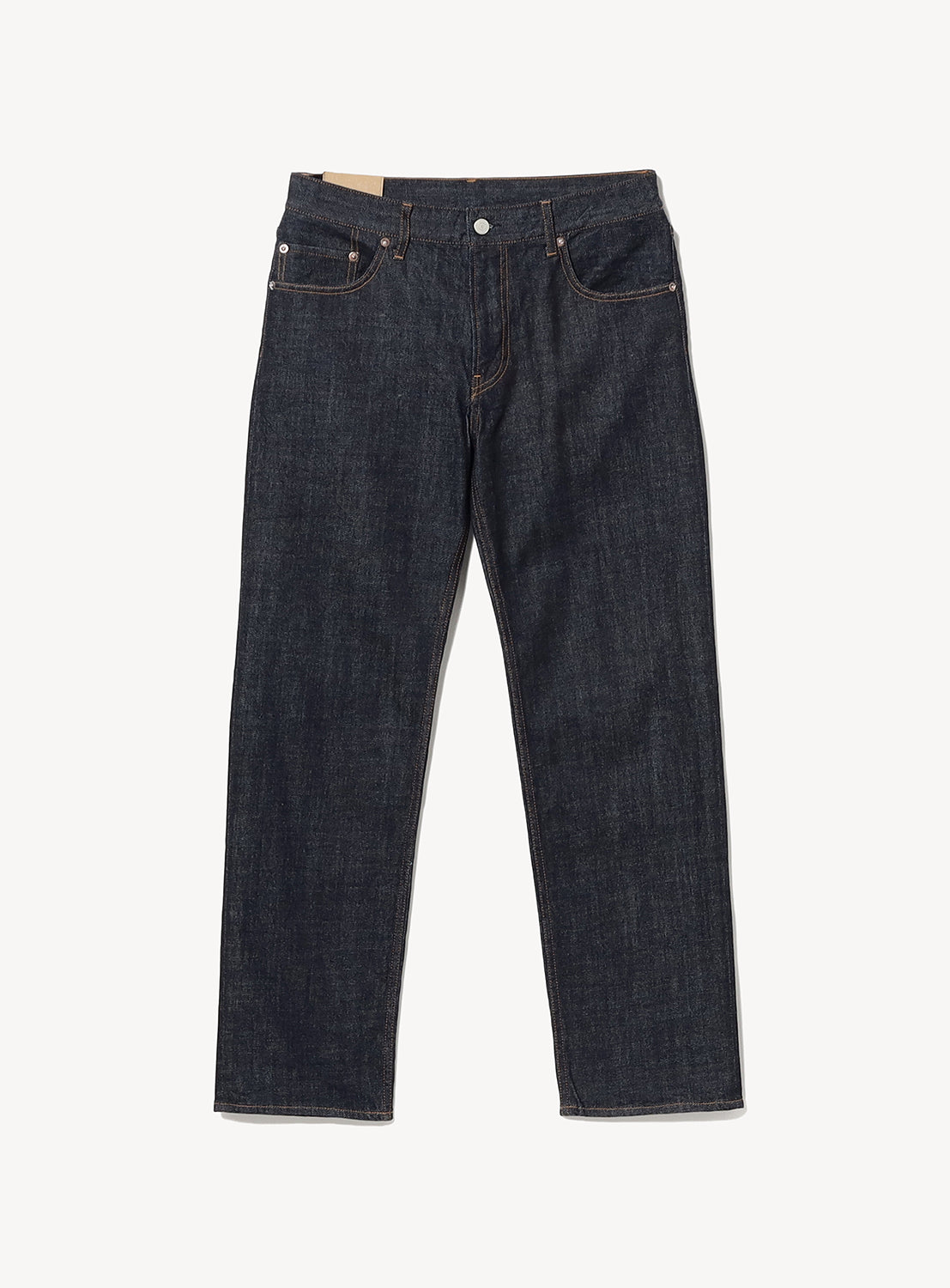 BEAMS Comfy 5-Pocket Denim slim fit dark wash jeans with five pockets and copper-colored stitching.