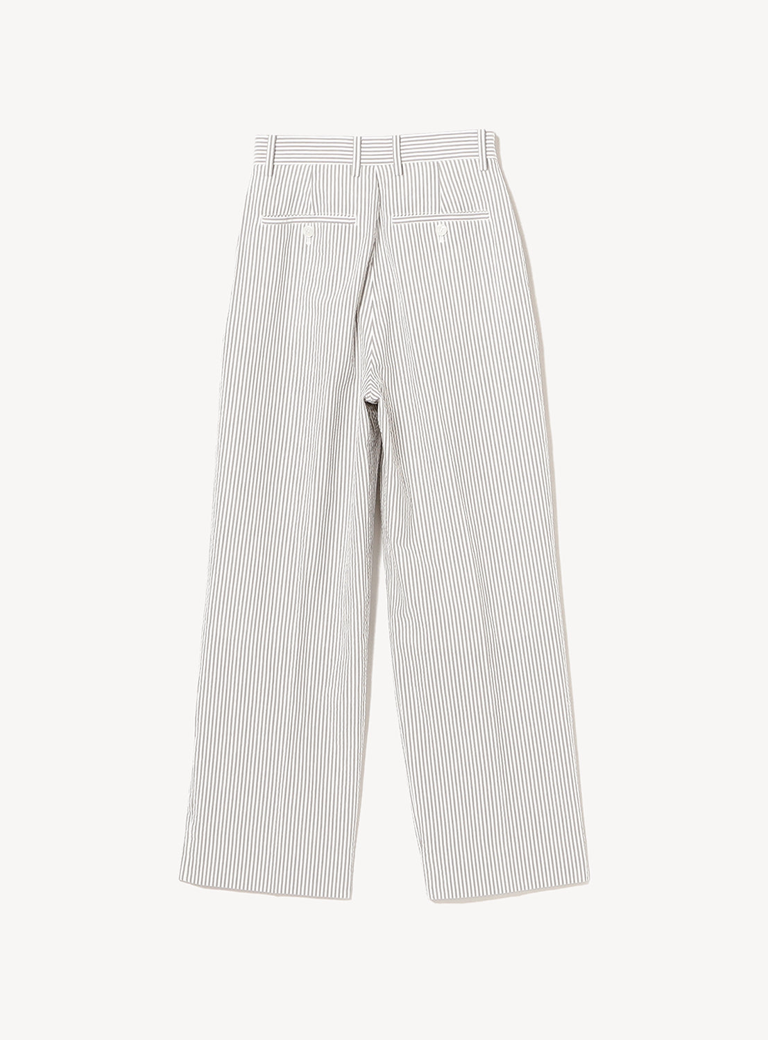 Back view of the BEAMS BOY Relaxed Fit Seersucker Slacks in white with thin vertical gray stripes, featuring belt loops and two welt pockets—crafted for summer comfort and a laid-back silhouette.