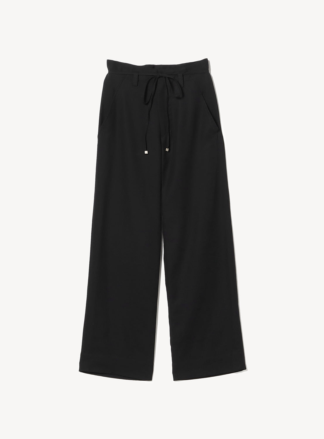 Black wide-leg pants with a drawstring waist and silver toggles, laid flat.